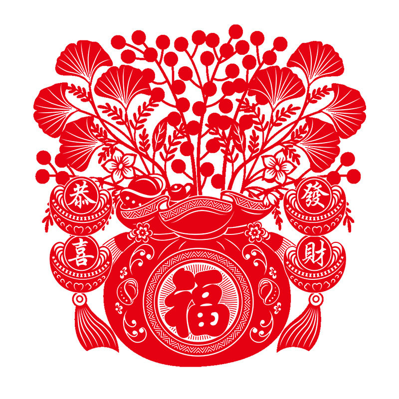 聚宝盆植绒静电窗花推拉门玻璃装饰贴剪纸新年发财树福字招财进宝