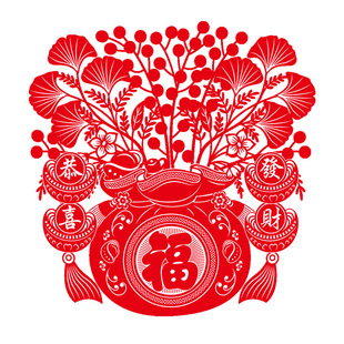 聚宝盆植绒静电窗花推拉门玻璃装饰贴剪纸新年发财树福字招财进宝