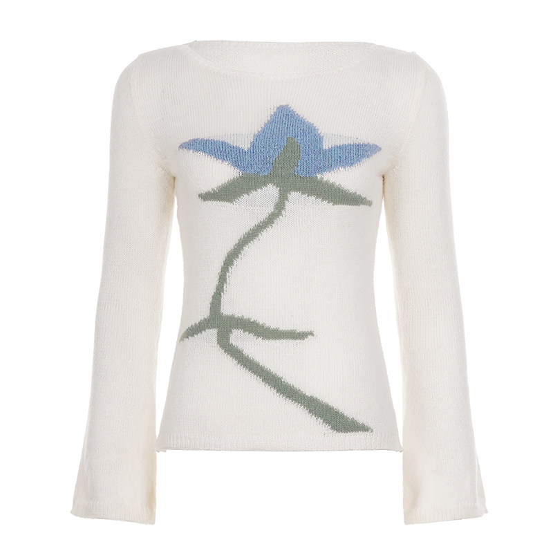 FUNOFF 复古植物花卉白色长袖毛织罩衫简约基础透视圆领收腰上衣