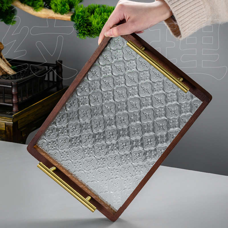 复古海棠花玻璃托盘家用长方形胡桃实木小茶盘杯子收纳水果点心盘