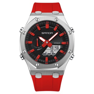 三达手表男表个性八角橡树抬手灯防水多组闹钟男士学生双显腕表潮