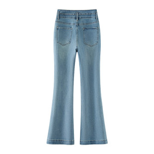 浅蓝色双排扣带钻微喇牛仔裤女2026早春遮胯镶钻显瘦九分筒喇裤子