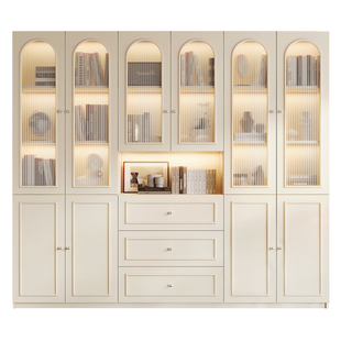 法式轻奢书柜一体整墙到顶玻璃门储物柜书房定制家用客厅展示柜子