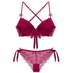 女性感系带红色内衣女士小胸聚拢收副乳上托结婚本命年文胸罩套装