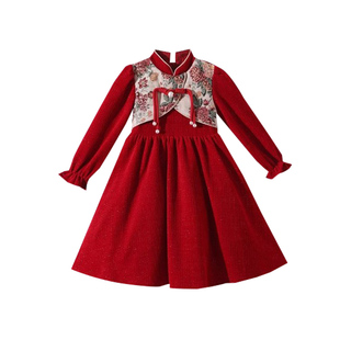女童连衣裙秋冬2026新款儿童红色公主裙子小女孩中国风洋气新年装