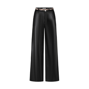 SHRO ENRO 新款女士豹纹拼接腰头直筒裤仿皮裤银泰百货 301469