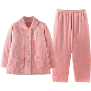 罗丝美冬季睡衣女士珊瑚绒夹棉袄纯色加厚法兰绒保暖家居服18282