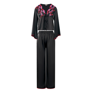 NoirTease春夏薄款丝质睡衣女士性感蕾丝绣花系带家居服两件套装