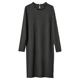 Amii2025秋新款休闲圆领香风手工钉珠钻织带毛织连衣裙女针织裙子