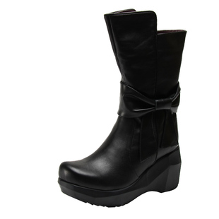 一席之地靴子女圆头厚底长靴女不过膝加绒高筒真皮显瘦坡跟骑士靴