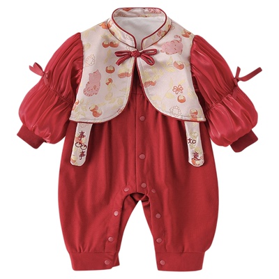 新中式婴儿春秋喜庆假两件连体衣