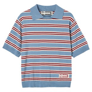 ALL BEINGS25SS夏季新款轻薄航海风条纹翻领短袖针织套头T恤衫女