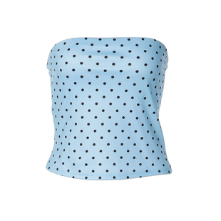 纯欲风baby蓝显白波点抹胸上衣2026夏季新款时尚百搭修身显瘦上衣