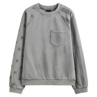 noEmosen(noE）雾霾灰蓝星条旗老鹰满印短宽版型炒色水洗卫衣