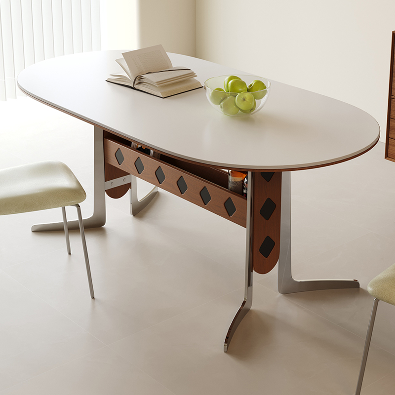 中古风纯白岩板餐桌长方形家用餐桌椅组合椭圆形实木大小户型餐台