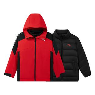 安踏儿童新年红色羽绒内胆梭织外套两件套男童新款四防连帽上衣男