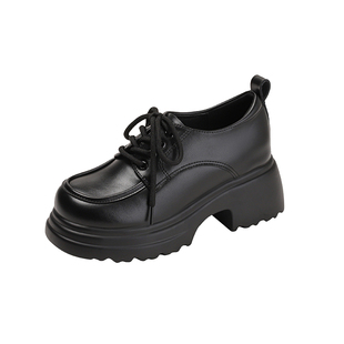 真皮内增高厚底英伦风小皮鞋女2025年新款系带高跟单鞋厚底乐福鞋