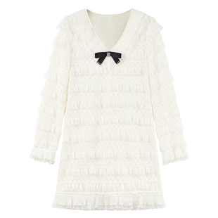 MISSCOCOON可可尼白色蛋糕裙女2025冬季新款法式蕾丝长袖连衣裙