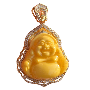 天然鸡油黄蜜蜡弥勒佛吊坠S925纯银老蜜蜡佛公吊坠蛋面项链新中式