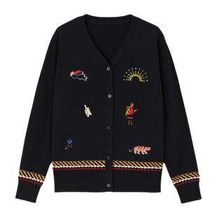 采多宝大码女装V领趣味绣花毛衣胖mm动物图案减龄修身显瘦上衣