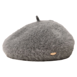 疯帽子 甜美安哥拉兔毛贝雷帽子毛茸茸画家帽女保暖蓓蕾 26年新款