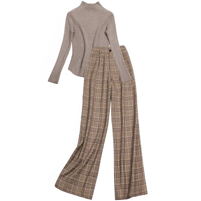 复古高腰卡其色格子阔腿长裤