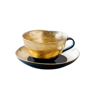 日本进口有田烧金彩釉黑釉咖啡杯带托盘茶杯水杯陶瓷杯子下午茶