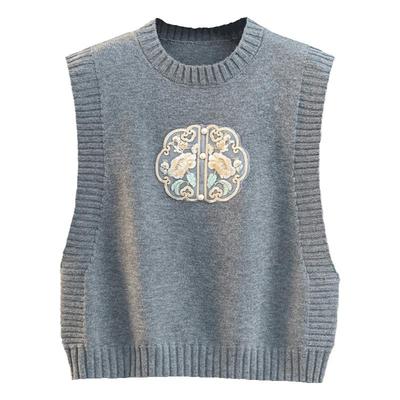 国风刺绣叠穿针织马甲背心小香风