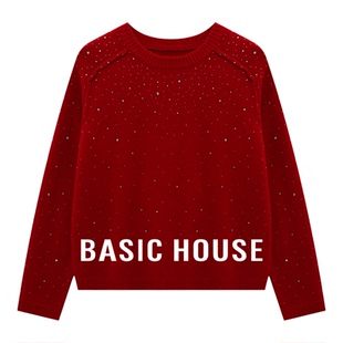 百家好红色圆领针织衫女2026春季新款亮钻毛衣高级感显瘦新年上衣