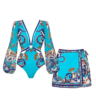 HERBERRY泳装法式复古时尚性感深V显瘦遮肚印花连体泳衣短裙套装