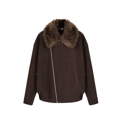 Age of Ascent 复古回溯氛围感深棕麂皮翻毛领机车夹克毛毛外套