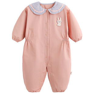 纯棉婴幼儿长袖哈衣宝宝薄款爬爬服透气连体羽绒服防脏罩衣秋冬