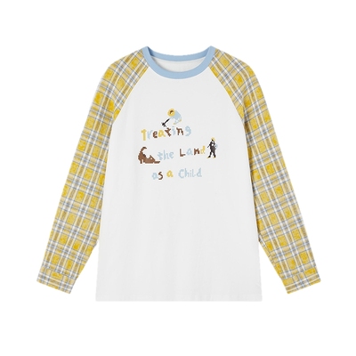 飞鸟和新酒拼接格纹长袖纯棉T恤女2025秋季新款宽松休闲圆领上衣