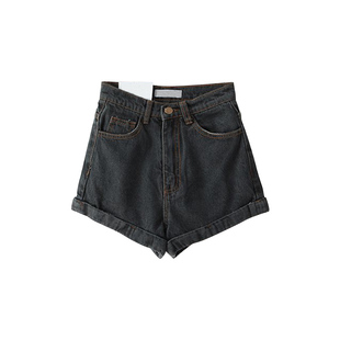 夏季新款 美式复古风 高腰百搭显瘦一粒扣卷边学生牛仔短裤热裤女