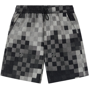BM黑白像素格子解构裤子男2024新款夏季短裤男美式高街休闲沙滩裤