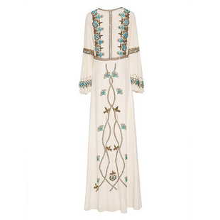 INS热卖夏新款女装波西米亚重工绣花连衣裙 长袖防嗮棉质及踝长裙