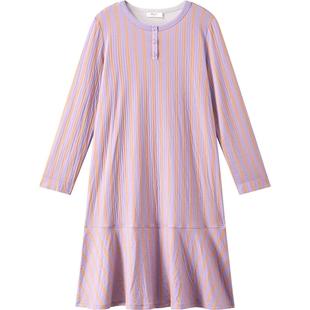 睡眠条纹|曼妮芬春夏印花条纹圆领棉长袖家居服睡裙女士高级外穿