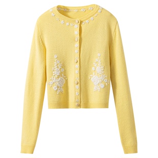 【精工刺绣】羊毛+山羊绒 精致风圆领花卉刺绣针织开衫上衣女