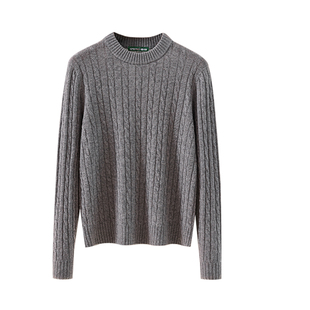 春竹秋冬新款100%绵羊毛圆领合体绞花纯色百搭显瘦长袖女士羊毛衫