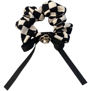 复古黑白棋盘格头绳山茶花蝴蝶结发圈公主风气质简约风头花长飘带