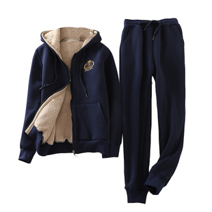 秋冬羊羔绒加厚套装女大码学生运动服保暖外套加绒连帽卫衣两件套