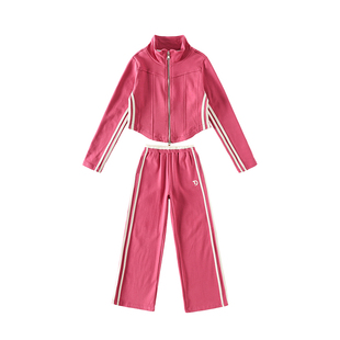 淘町女童运动套装春秋新款大童学院风休闲百搭三条纹卫衣两件套女