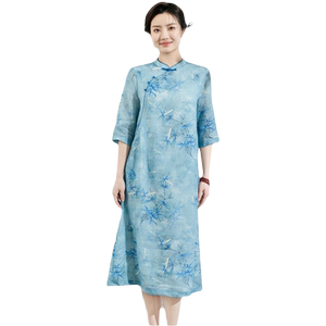 新中式改良旗袍女夏季2024新款国风印花苎麻连衣裙中年妈妈装长裙