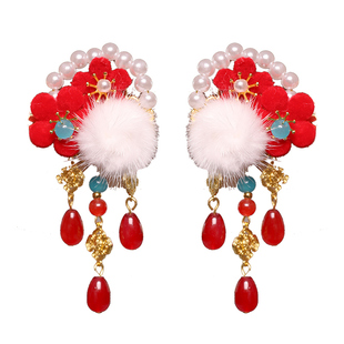 红色头饰新年儿童发夹中国风汉服发卡宝宝古风拜年毛球流苏头饰女