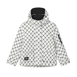 FILA 斐乐官方女士棉服2025春新款时尚休闲满印LOGO保暖连帽外套