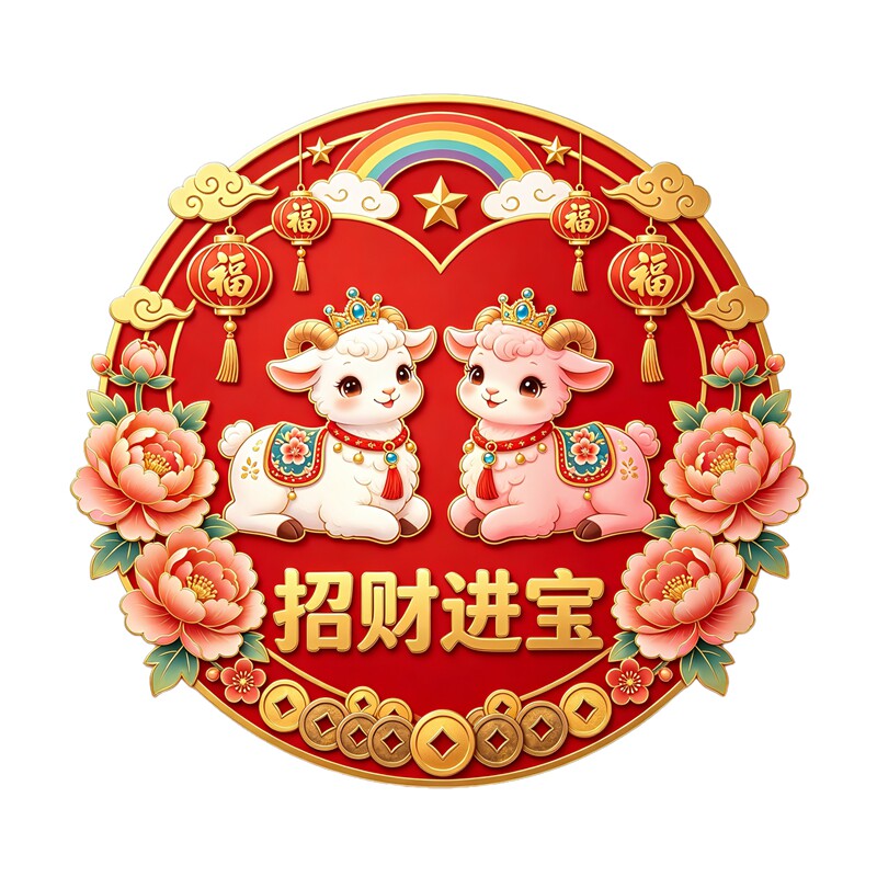 圆形招财进宝小羊墙贴戴皇冠牡丹花铜钱彩虹灯笼新春喜庆装饰贴纸