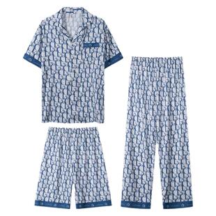 乐姿梦男士睡衣春夏季冰丝短袖薄款青少年男款三件套装凉感家居服