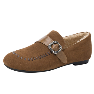 达芙妮加绒乐福鞋女2025新款冬季加厚保暖单鞋平底懒人勃肯豆豆鞋