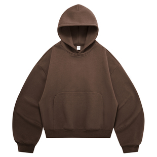 340G重磅加绒弯刀袖连帽卫衣男美式潮牌cleanfit短款纯色保暖帽衫