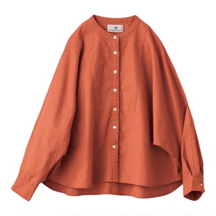 秋季新品 桑妮库拉/Sunny clouds橘色棉麻无领宽松蝙蝠袖衬衫外套